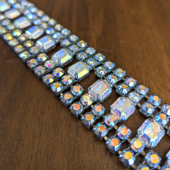 Aurora Borealis Clear Rhinestone Cuff Bracelet 5 Rows Statement Piece 60s 8.75" - Picture 8 of 13